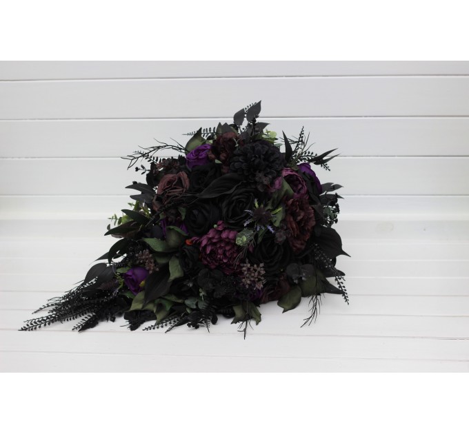 Cascading Bridal & Bridesmaid Bouquets – Gothic Faux Flowers in Deep Purple, Black & Dark Green