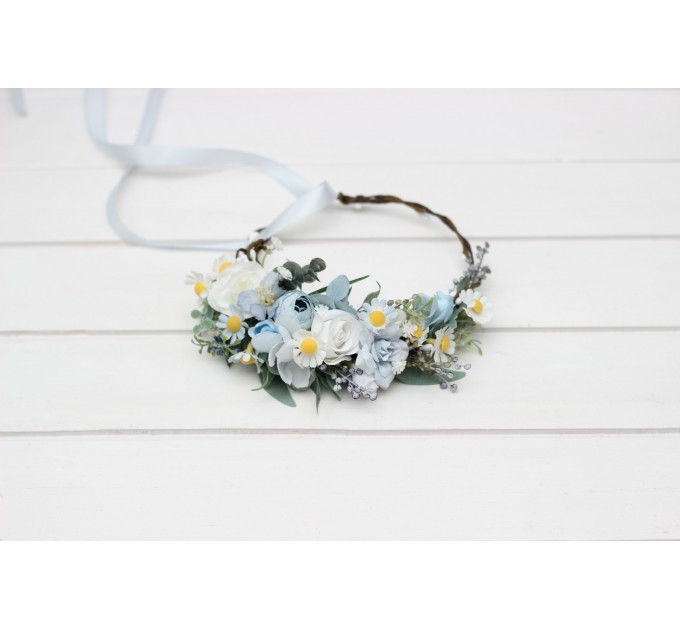 White & Sky Blue Flower Crown with Daisies – Delicate Faux Hair Wreath for Weddings and Flower Girls