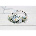 White & Sky Blue Flower Crown with Daisies – Delicate Faux Hair Wreath for Weddings and Flower Girls