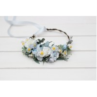 White sky blue flower crown with daisies. Wildflowers hair wreath. Flower girl crown. Wedding flowers. 5253