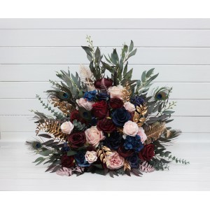 Standing flowers in burgundy navy blue gold pink color scheme with peacock feathers. Aisle flowers. Wedding decorations. Floor flowers. 5221