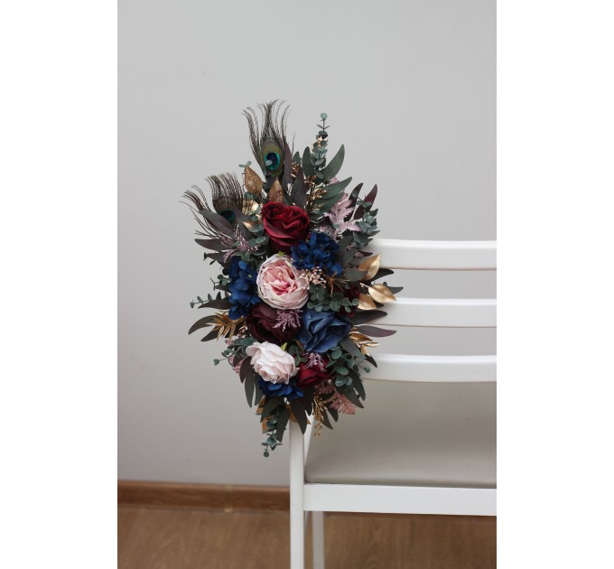 Aisle Flowers with Peacock Feathers – Burgundy, Navy, Gold & Pink Wedding Decor Accents
