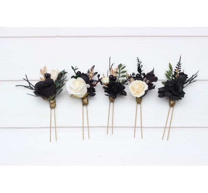 Set of 5 Black, Gold, Ivory & Green Hair Pins – Gothic Faux Flower Accessories for Bridesmaids