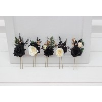  Set of  5 hair pins in black gold ivory and green color scheme. Flower hair pins for Gothic wedding.  Bridesmaid gift.  5300
