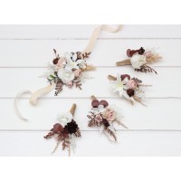  Wedding boutonnieres and wrist corsage  in beige white brown color theme. Flower accessories. 0026