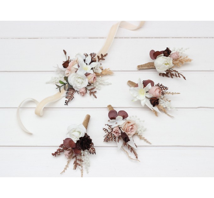Beige, White & Brown Wedding Boutonnieres and Wrist Corsages – Neutral Faux Flower Accessories