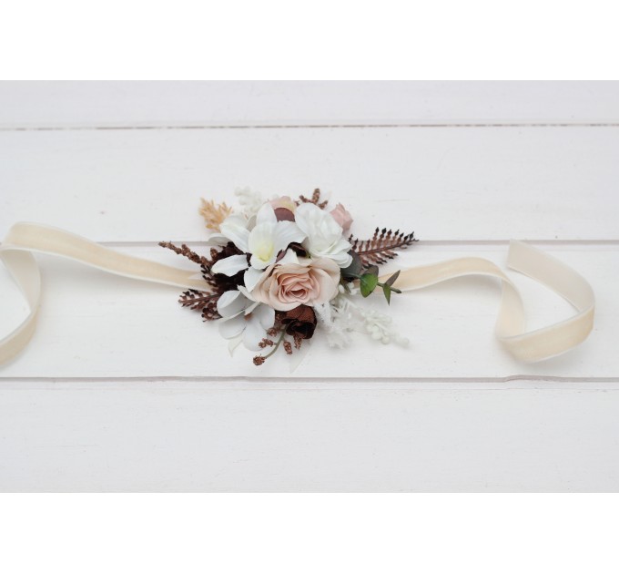 Beige, White & Brown Wedding Boutonnieres and Wrist Corsages – Neutral Faux Flower Accessories