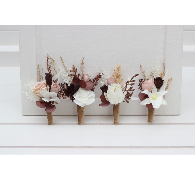 Beige, White & Brown Wedding Boutonnieres and Wrist Corsages – Neutral Faux Flower Accessories