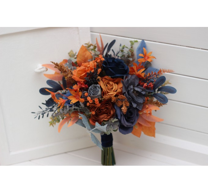 Wedding Bouquets in Navy Blue & Rust | Cascading Faux Bridal & Bridesmaid Bouquets
