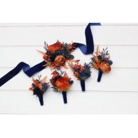  Wedding boutonnieres and wrist corsage  in navy blue rust  color scheme. Flower accessories. 5219