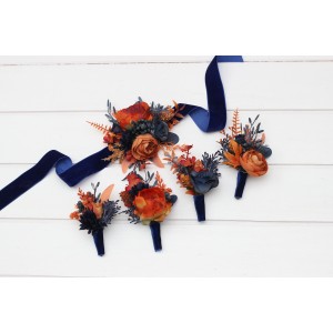  Wedding boutonnieres and wrist corsage  in navy blue rust  color scheme. Flower accessories. 5219