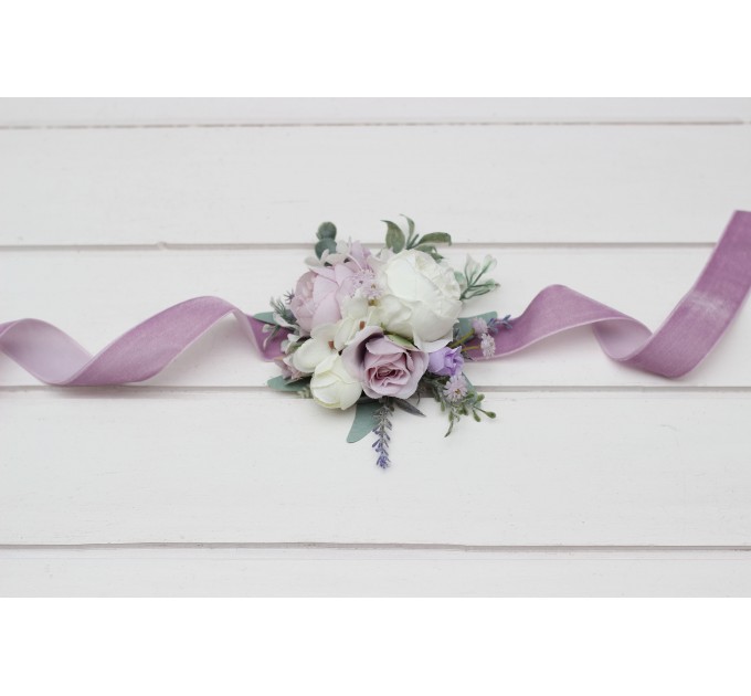 White, Lilac, Purple & Sage Green Wedding Boutonnieres and Wrist Corsages – Soft Faux Flower Accessories