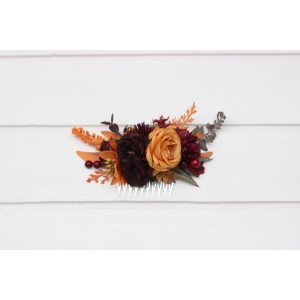 Flower comb in rust burgundy cinnamon orange color scheme. Wedding accessories for hair. Bridal flower comb. Bridesmaid floral comb. 0033