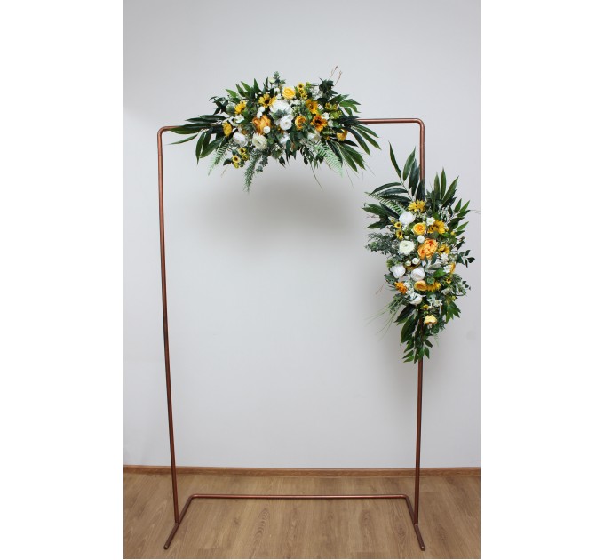 Sunflower Wedding Arch Arrangement – Faux White, Yellow & Green Floral Arbor Décor