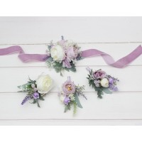  Wedding boutonnieres and wrist corsage  in white, lilac, purple, and sage green color scheme. Flower accessories. 5315