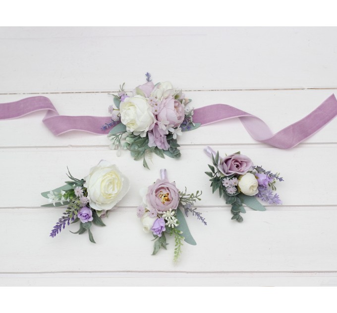 White, Lilac, Purple & Sage Green Wedding Boutonnieres and Wrist Corsages – Soft Faux Flower Accessories