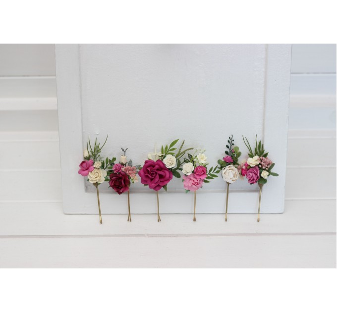 Berry, Magenta & Ivory Flower Hair Pins – Set of 6 Bobby Pins for Bridesmaids or Wedding Guests