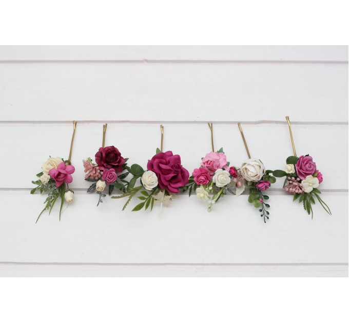Berry, Magenta & Ivory Flower Hair Pins – Set of 6 Bobby Pins for Bridesmaids or Wedding Guests