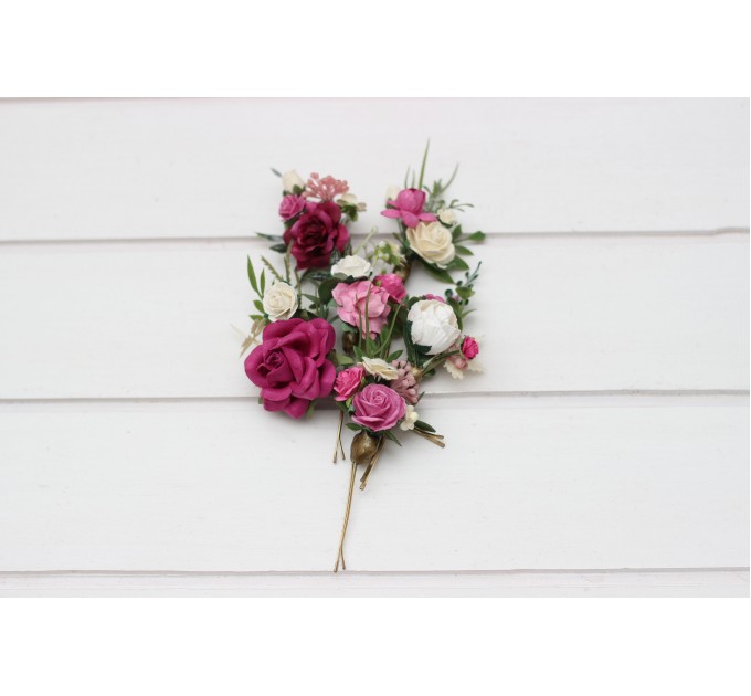 Berry, Magenta & Ivory Flower Hair Pins – Set of 6 Bobby Pins for Bridesmaids or Wedding Guests