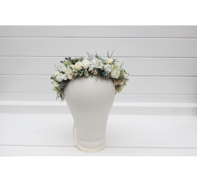 Sage Green & Ivory Flower Crown – Romantic Faux Floral Wreath for Flower Girl or Bride