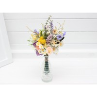 Colorful wildflower mini bouquet for table decor. Daisy posy bouquet for spring summer wedding. DIY faux flowers in blue, peach, lilac, yellow, pink.  5420