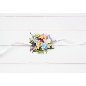 Pastel wildflower wrist corsage – Blue Peach Lilac Yellow Pink wedding worsage. 5420