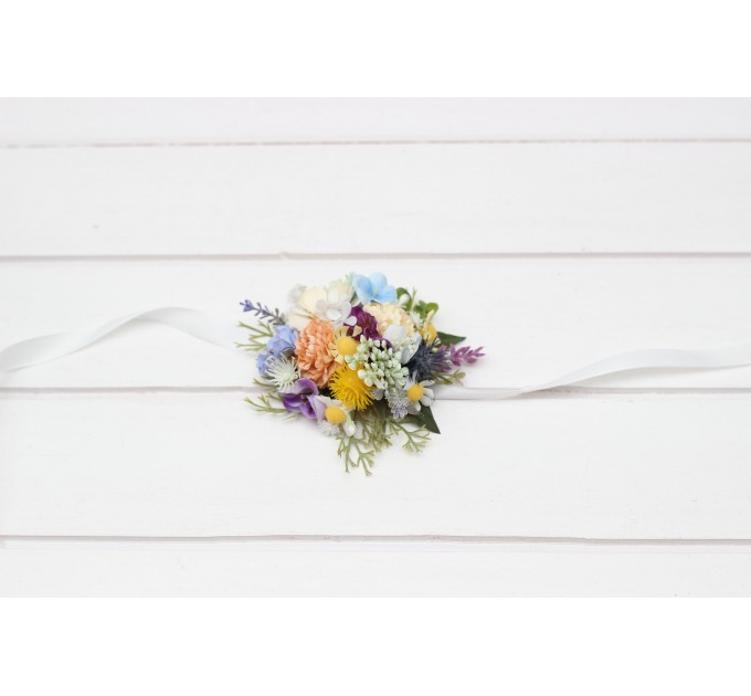 Pastel Wildflower Wrist Corsage – Faux Floral Accessory in Blue, Peach, Lilac, Yellow & Pink