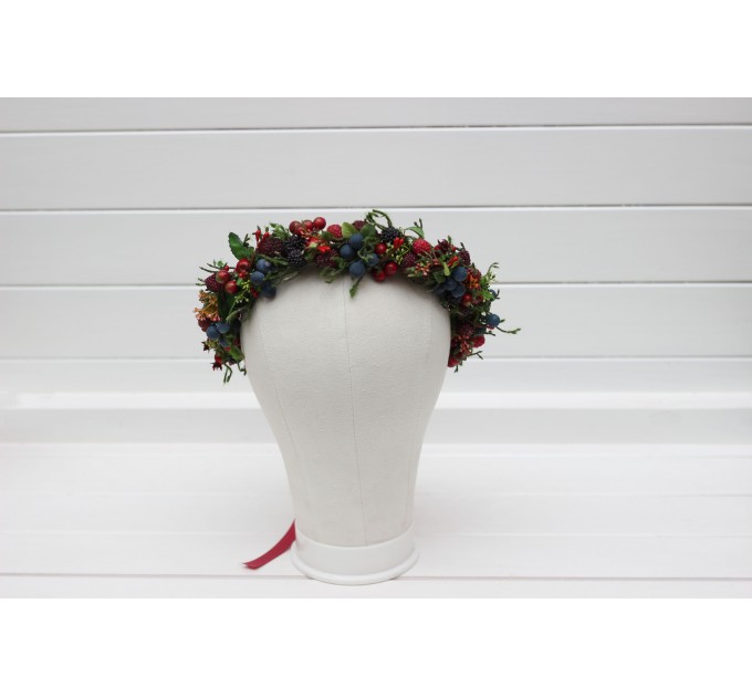 Berry Wedding Crown – Faux Wild Berry Headpiece with Red Ribbon for Rustic Brides