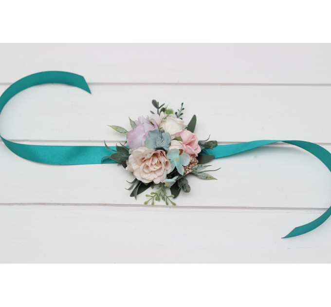 Pastel Pocket Boutonniere & Wrist Corsage – Faux Wedding Flowers in Turquoise, Lilac, Blush & White