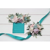 Pastel pocket boutonniere and wrist corsage in turquoise, lilac, blush pink and white  color scheme. Wedding flower accessories. Square flowers for pocket.  5417