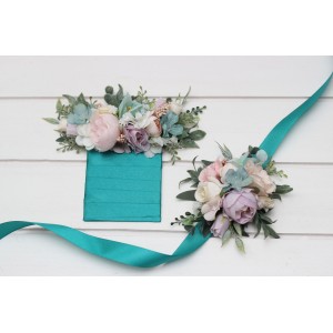 Pastel pocket boutonniere and wrist corsage in turquoise, lilac, blush pink and white  color scheme. Wedding flower accessories. Square flowers for pocket.  5417