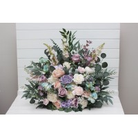 Standing flowers in pastel color scheme. Turquoise, lilac, blush pink and white aisle flowers. Wedding decorations. Floor flowers. 5417