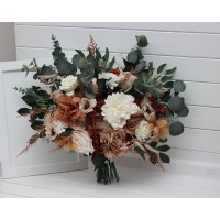 Rust, terracotta, caramel, cream, ivory, and eucalyptus green bridal bouquet and bridesmaid bouquet set. Artificial wedding flowers for rustic, boho, and fall weddings. 5418