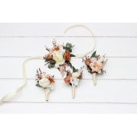 Rust, terracotta, caramel, cream, ivory and eucalyptus green wedding accessory set. Faux boutonnières and wrist corsage for groom, groomsmen, and mothers.  5418