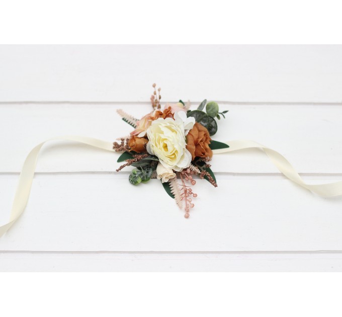Rust, Terracotta & Ivory Wedding Accessory Set – Faux Boutonnières & Wrist Corsages
