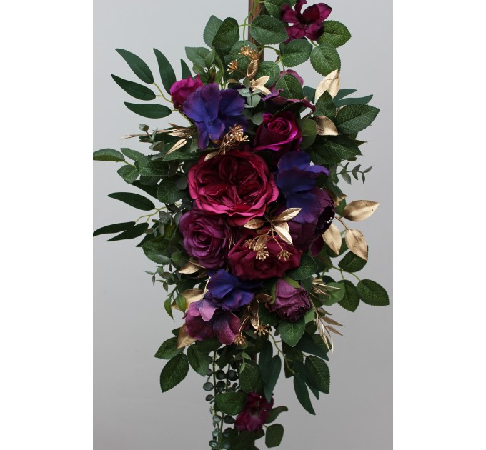 Jewel-Tone Floral Arch Arrangement – Faux Arbor Flowers in Purple, Magenta & Gold