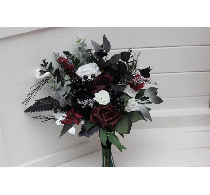 Burgundy, Black, White, Silver, and Emerald Green Wedding Bouquets – Cascading & Boho Designs
