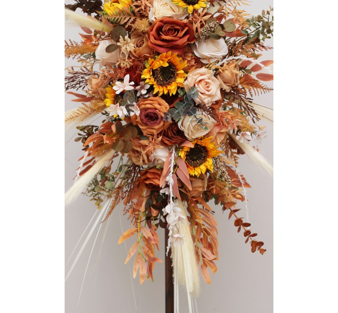 Flower Arch Arrangement in Orange, Rust & Beige with Pampas Grass | Faux Wedding Arch with Sunflowers