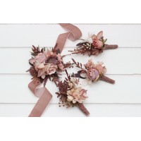  Wedding boutonnieres and wrist corsage  in beige, terracotta, blush pink and dusty rose color scheme. Flower accessories. 5255