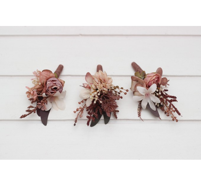 Beige, Terracotta, Blush Pink & Dusty Rose Boutonnieres & Wrist Corsages – Faux Wedding Accessories