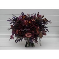 Moody wedding bouquet in purple, black, and dusty rose. Artificial bridal and bridesmaid flowers. 5421