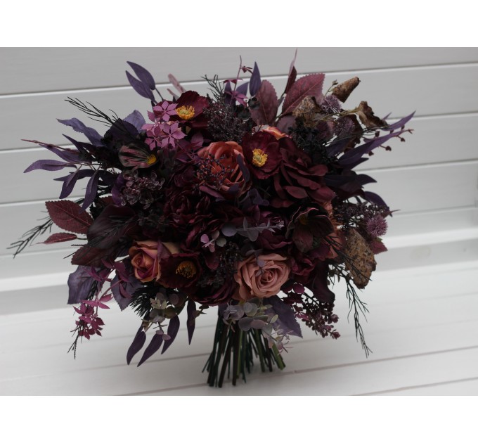 Moody Wedding Bouquet – Faux Bridal Flowers in Purple, Black & Dusty Rose