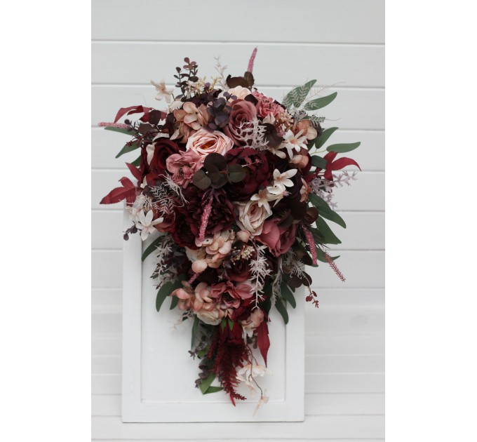 Cascading Wedding Bouquet – Faux Bridal Flowers in Burgundy, Dusty Rose & Blush Pink