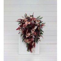 Cascading wedding wouquet in burgundy, dusty rose, and blush pink  colors. Artificial bridal blooms. Bridesmaid bouquet . 5256