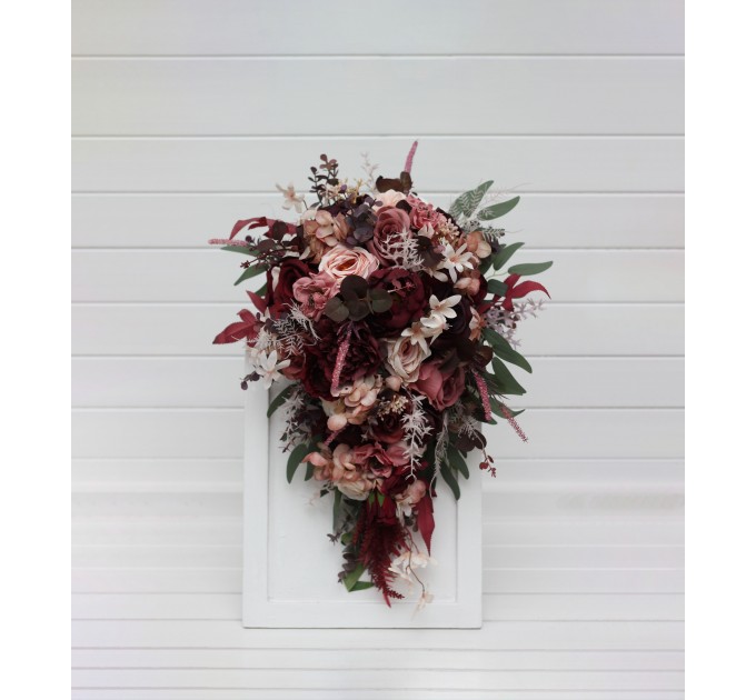 Cascading Wedding Bouquet – Faux Bridal Flowers in Burgundy, Dusty Rose & Blush Pink