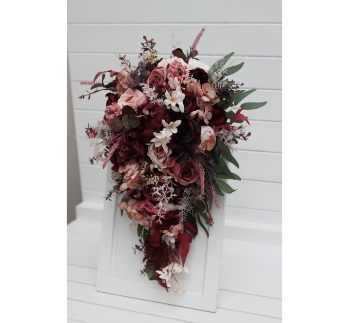 Cascading Wedding Bouquet – Faux Bridal Flowers in Burgundy, Dusty Rose & Blush Pink