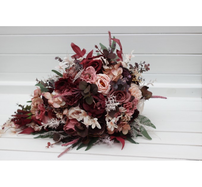 Cascading Wedding Bouquet – Faux Bridal Flowers in Burgundy, Dusty Rose & Blush Pink