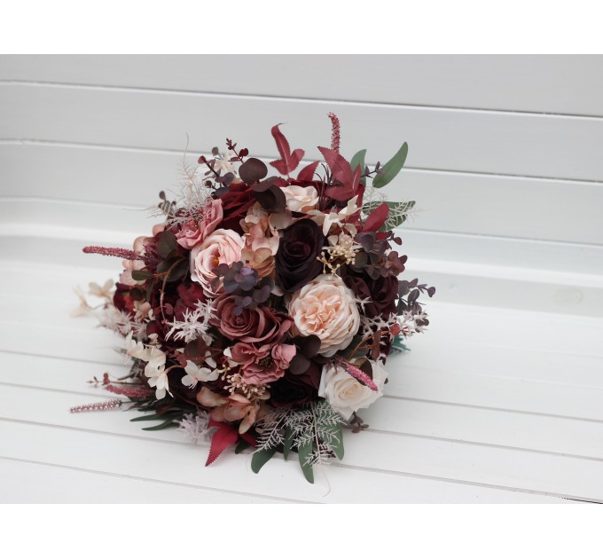 Cascading Wedding Bouquet – Faux Bridal Flowers in Burgundy, Dusty Rose & Blush Pink