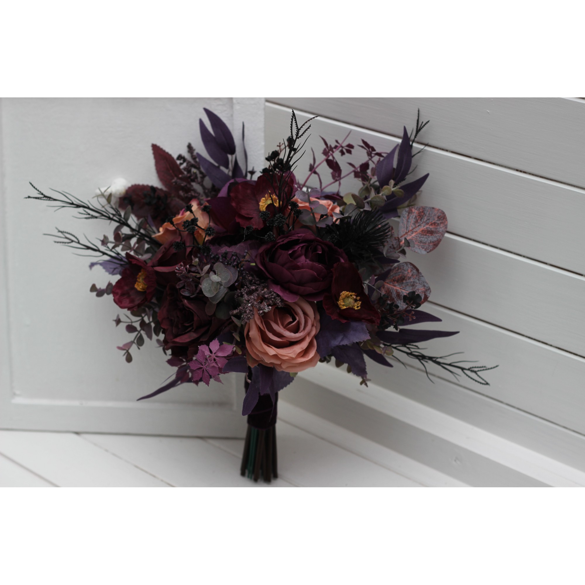 Bridal \u0026 Bridesmaid Bouquets – Moody Faux Wedding Flowers in Purple, Black  \u0026 Dusty Rose | Kochetova Flowers, image size:2000x2000