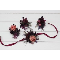  Moody wedding  in purple, black, and dusty rose. Set of boutonnieres and wrist corsage.   